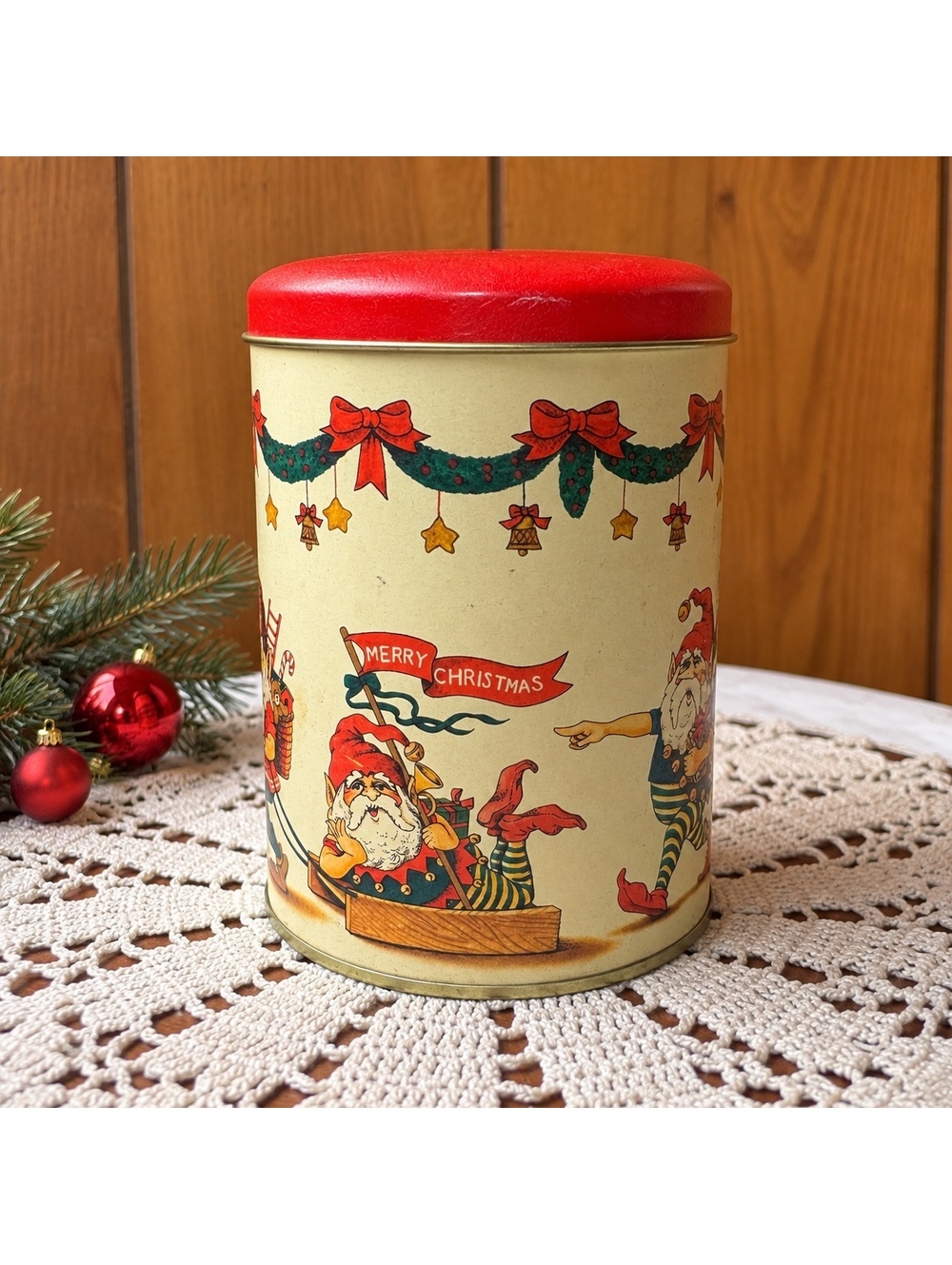 Christmas Tin With Red Lid Elf Garland Design Vintage Holiday Decor 6 Inch